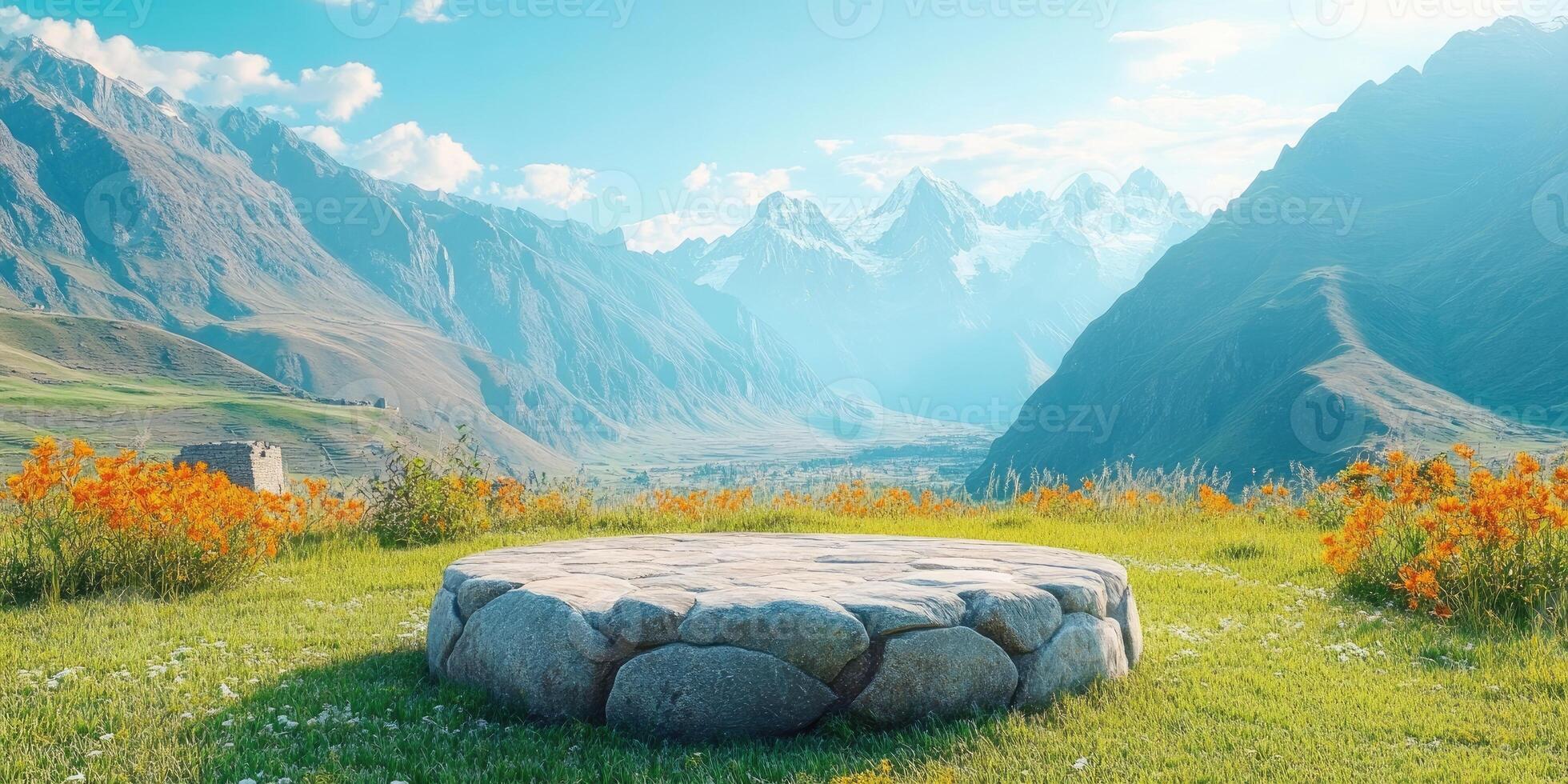 Stone Platform in a Mountain Valley with Flowers and a Blue Sky photo
