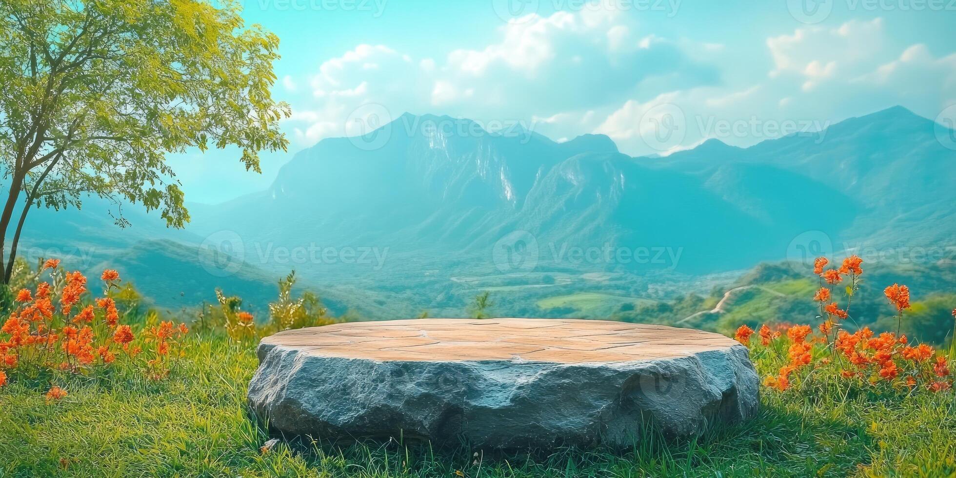 Stone Platform Against Mountain Range with Flowers photo