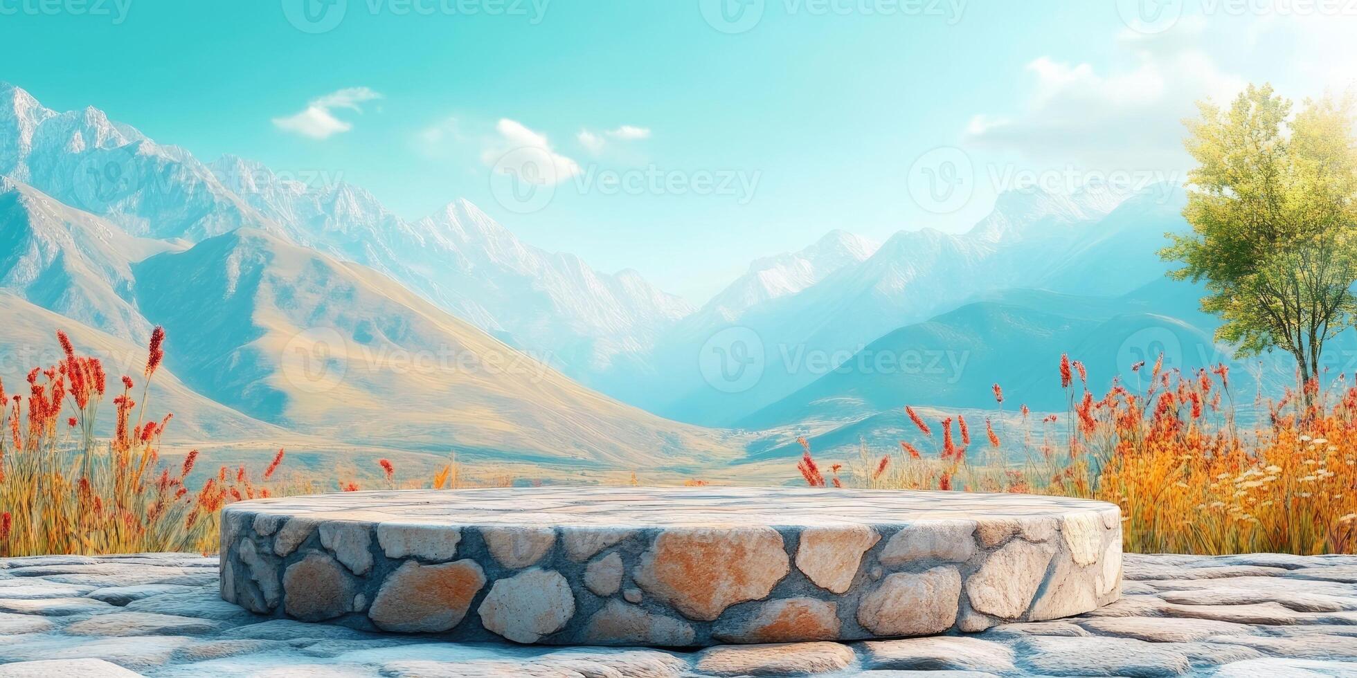 Stone Platform in Front of Mountain Range photo