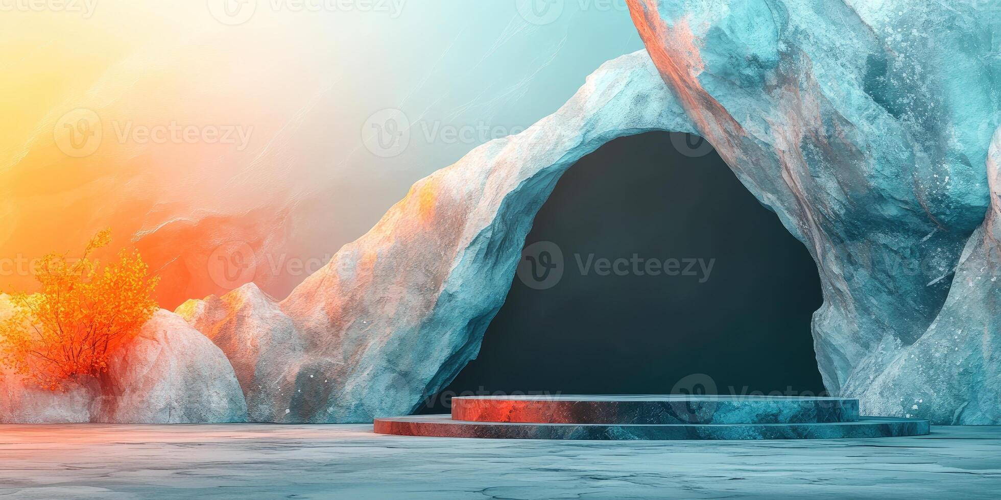 A Stone Platform Set Before a Cave Entrance in a Fantasy Landscape photo