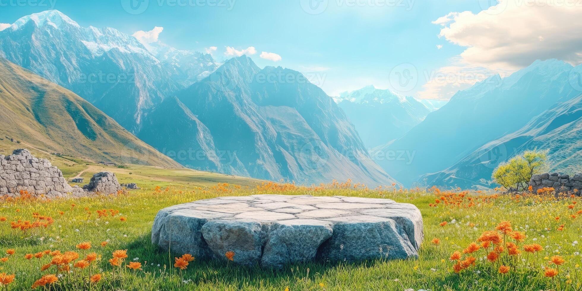 Stone Platform in a Field of Wildflowers with Snowy Mountains in the Background photo