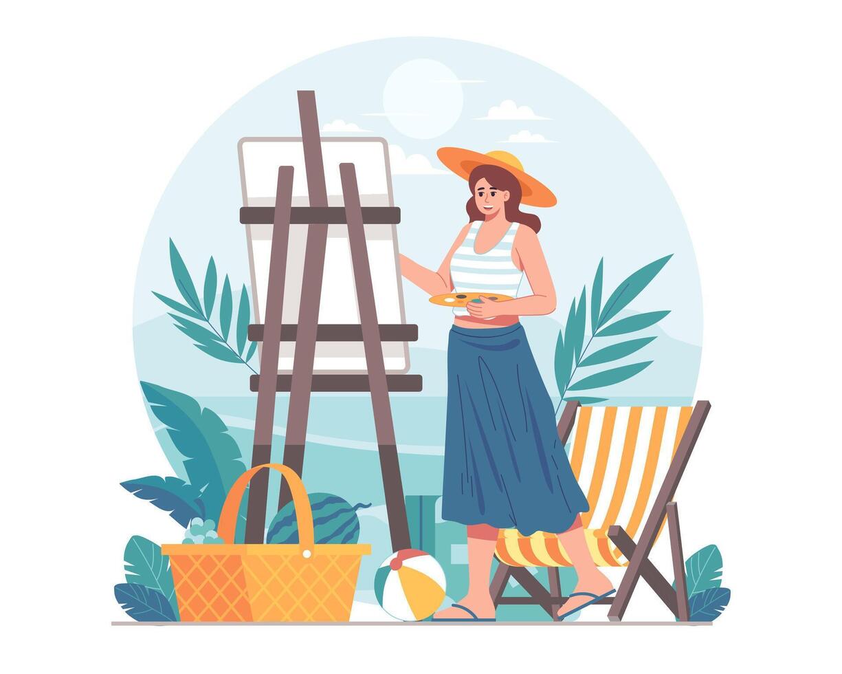 Young female artist painting vector