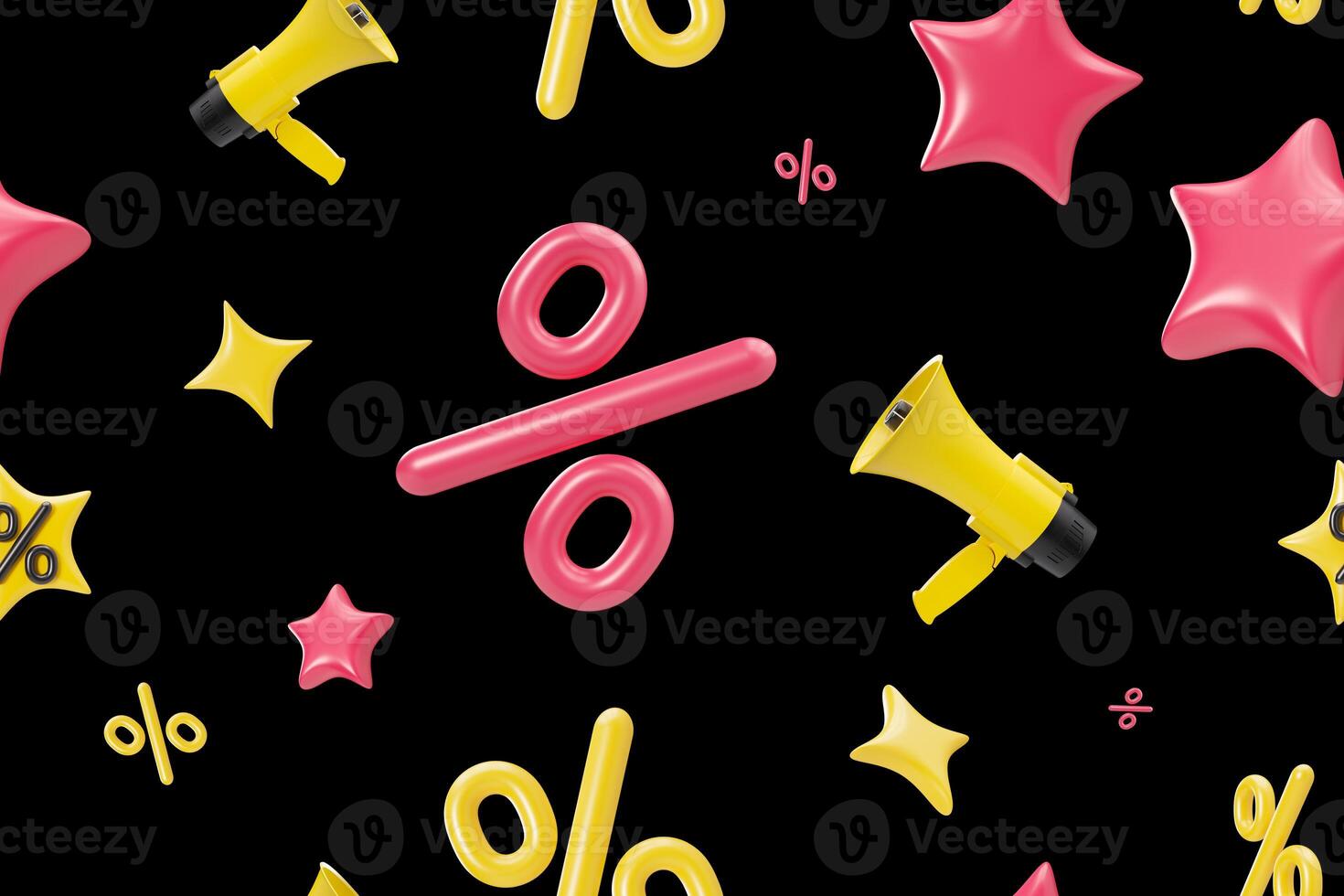 Creative seamless pattern featuring black background dotted with yellow megaphones, pink and yellow percentage symbols, whimsical stars, perfect for themes of sales, promotions, and announcements. 3D. photo