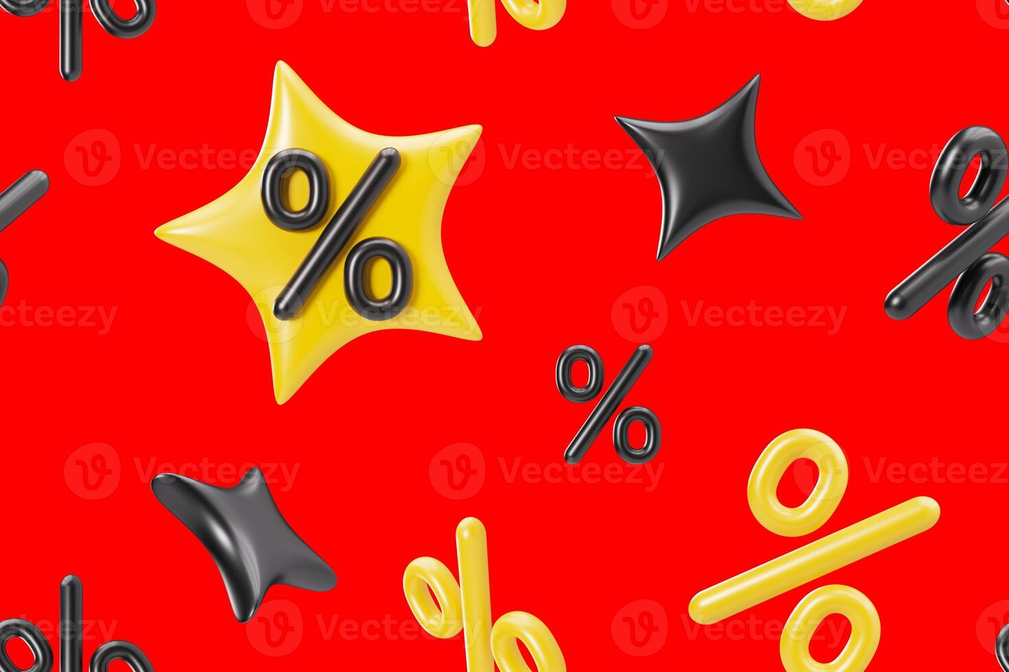 Vibrant seamless pattern featuring a red background with floating 3D percentage symbols and whimsical stars in yellow and black, ideal for engaging graphics related to sales and promotions. 3D. photo