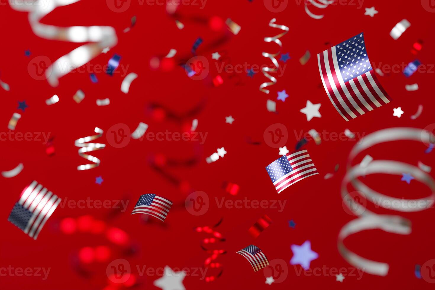 Vibrant image of American flag-themed confetti falling against a bright red background, perfect for festive occasions like Independence Day, Memorial Day, or political events. 3D render. photo