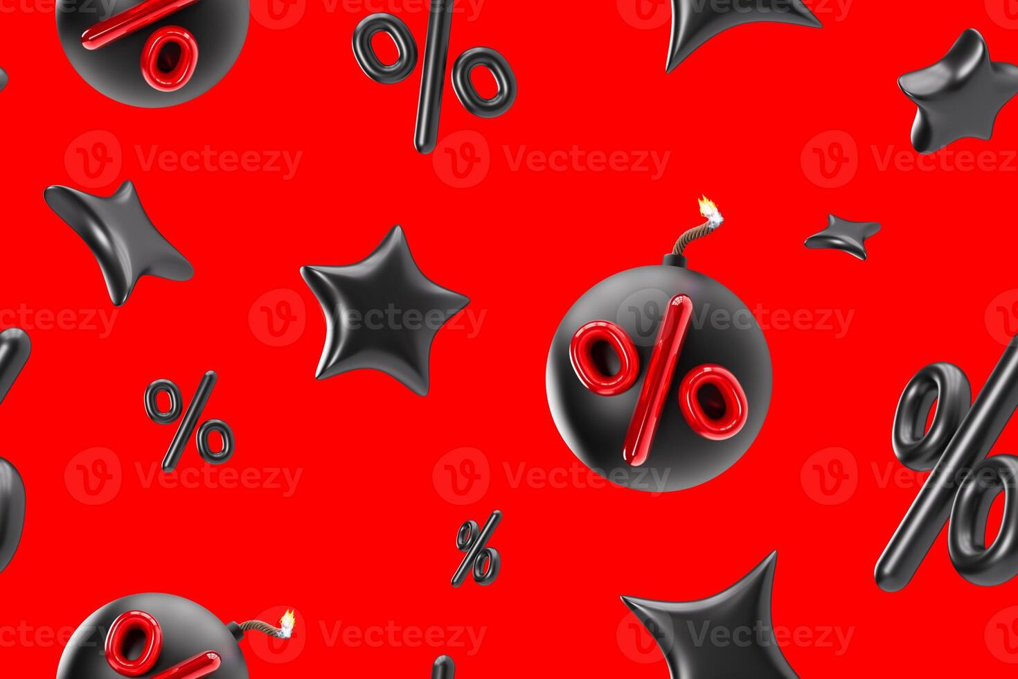 Dramatic and dynamic seamless pattern features red percentage symbols and black shapes, including bomb, against vibrant red background. Perfect for highlighting sales, discounts, explosive deals. 3D. photo