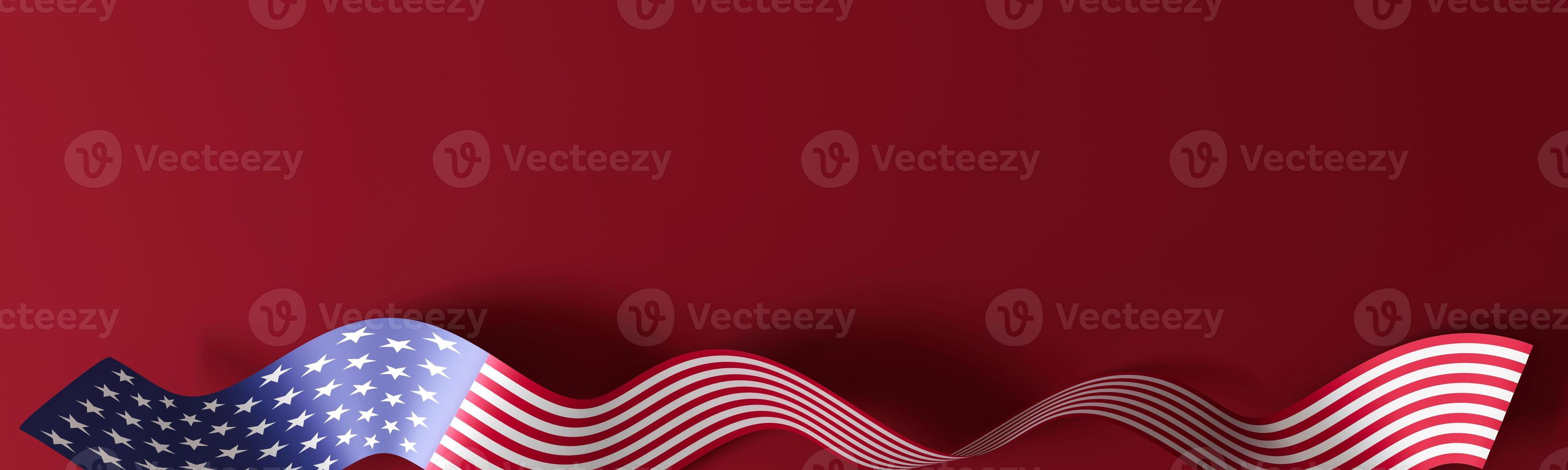 Artistic rendering of the American flag, elegantly styled as a ribbon on dark red background, perfect for national holidays, patriotic events, or advertising campaigns. Banner with copy space. 3D. photo