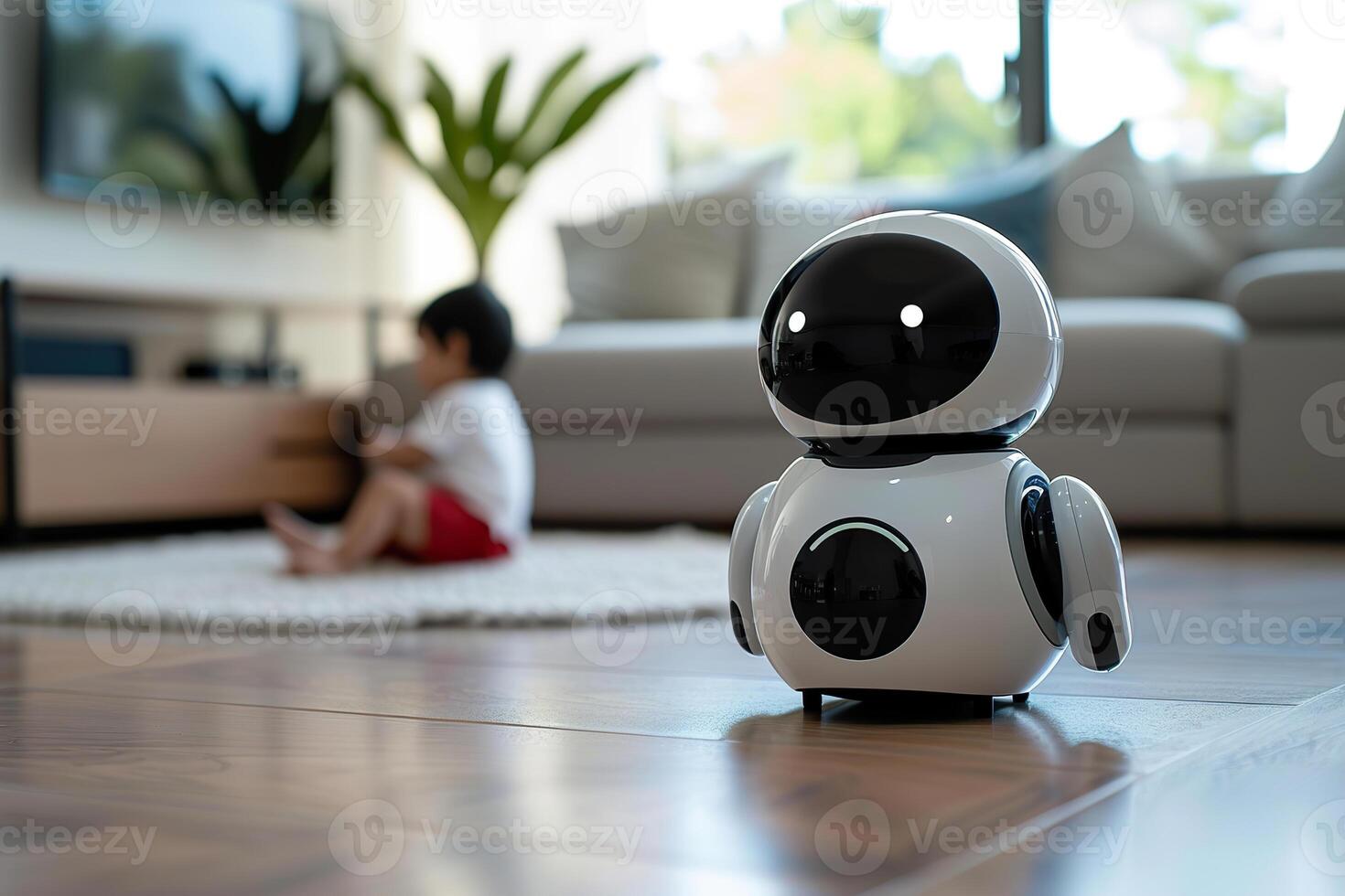 Child-focused robotic companion in modern living room, with its sleek white and black design capturing the essence of futuristic in-home entertainment and education for children. photo