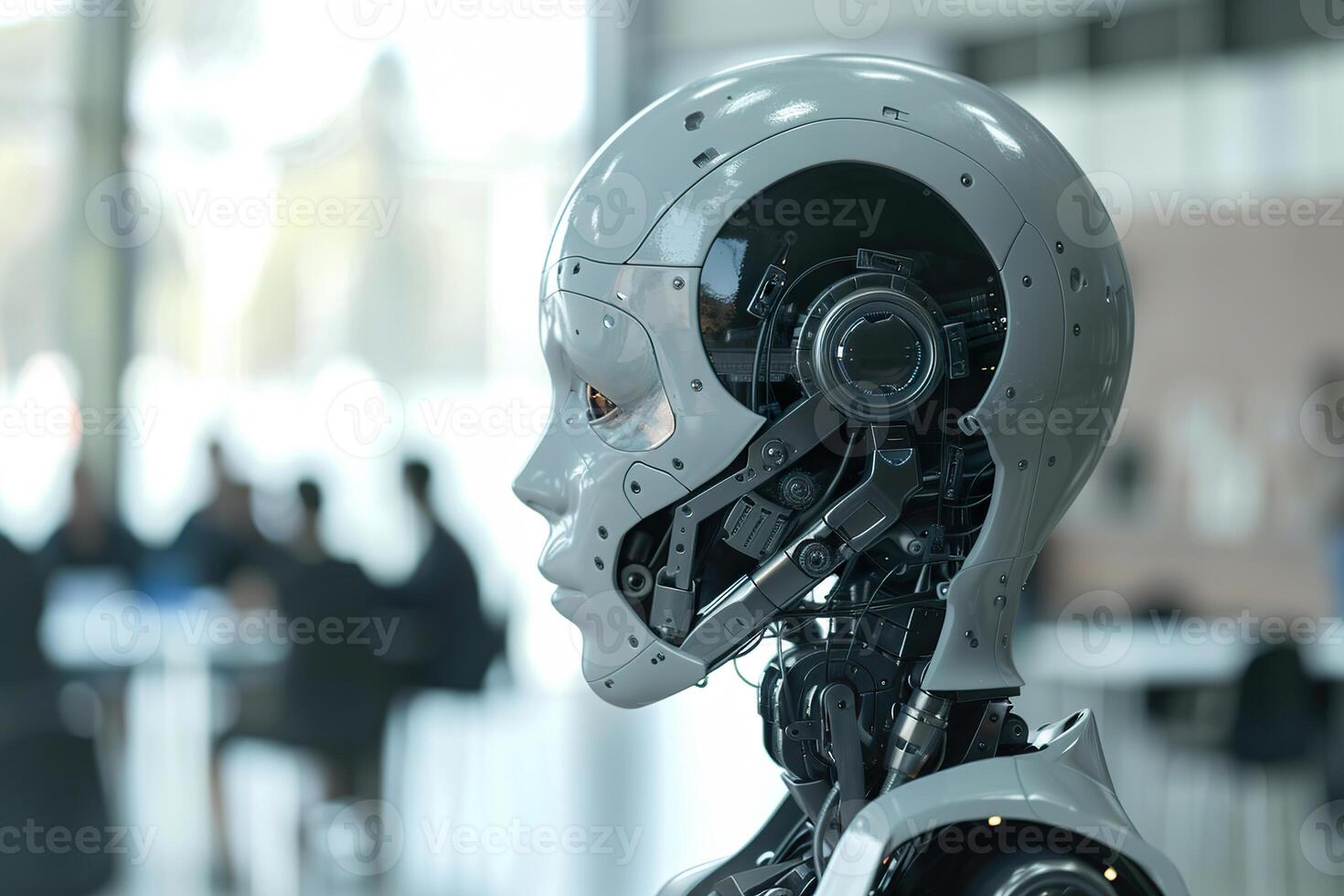 Sophisticated robotic business assistant stands, showcasing cutting-edge technology, precision engineering, ultrarealistic design tailored for professional environments. photo
