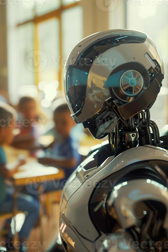 Robotic teacher in classroom, modern educational environment. Perfect for themes of futuristic education, technology integration in schools. Robot, cyborg educator. photo