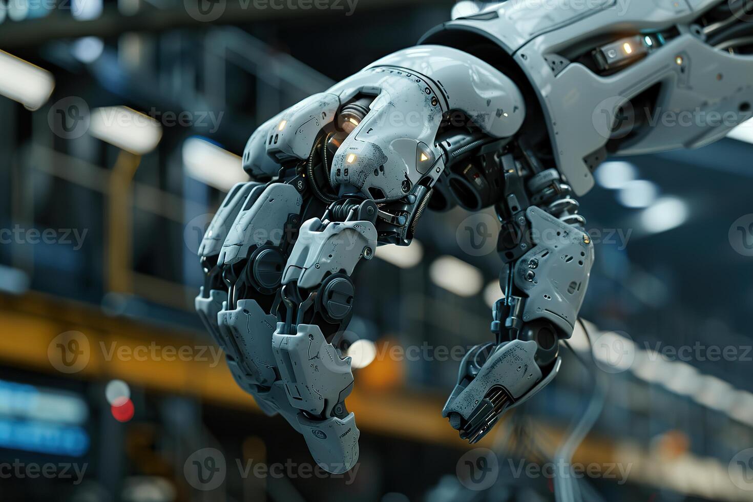 Highly detailed robotic arm in modern industrial setting, displaying intricate mechanical components and a futuristic design, symbolizing advanced automation and precision engineering. photo
