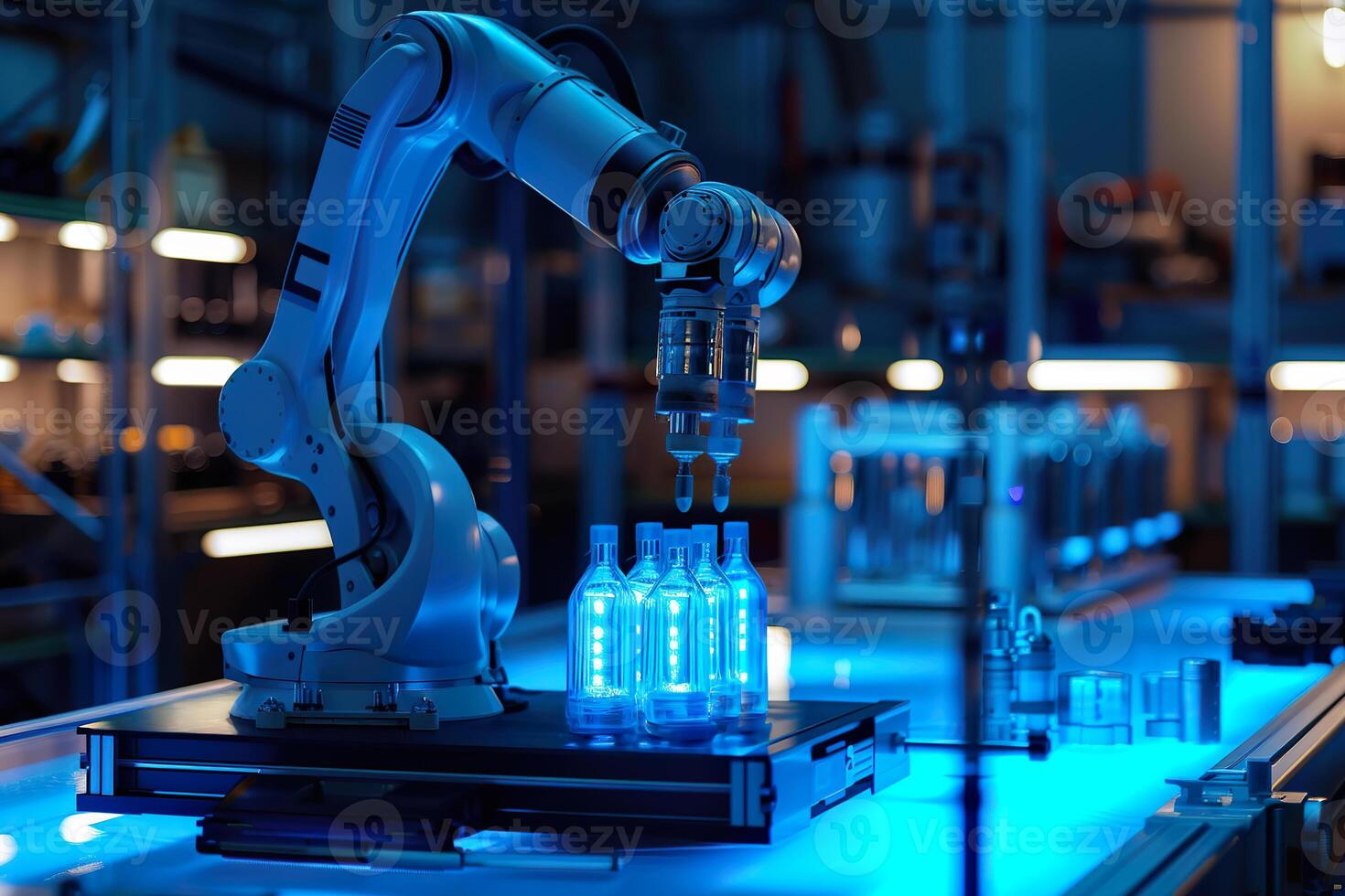 A highly advanced robotic arm in a futuristic factory setting accurately processes glowing blue bottles, showcasing the integration of robotics in industrial automation. photo