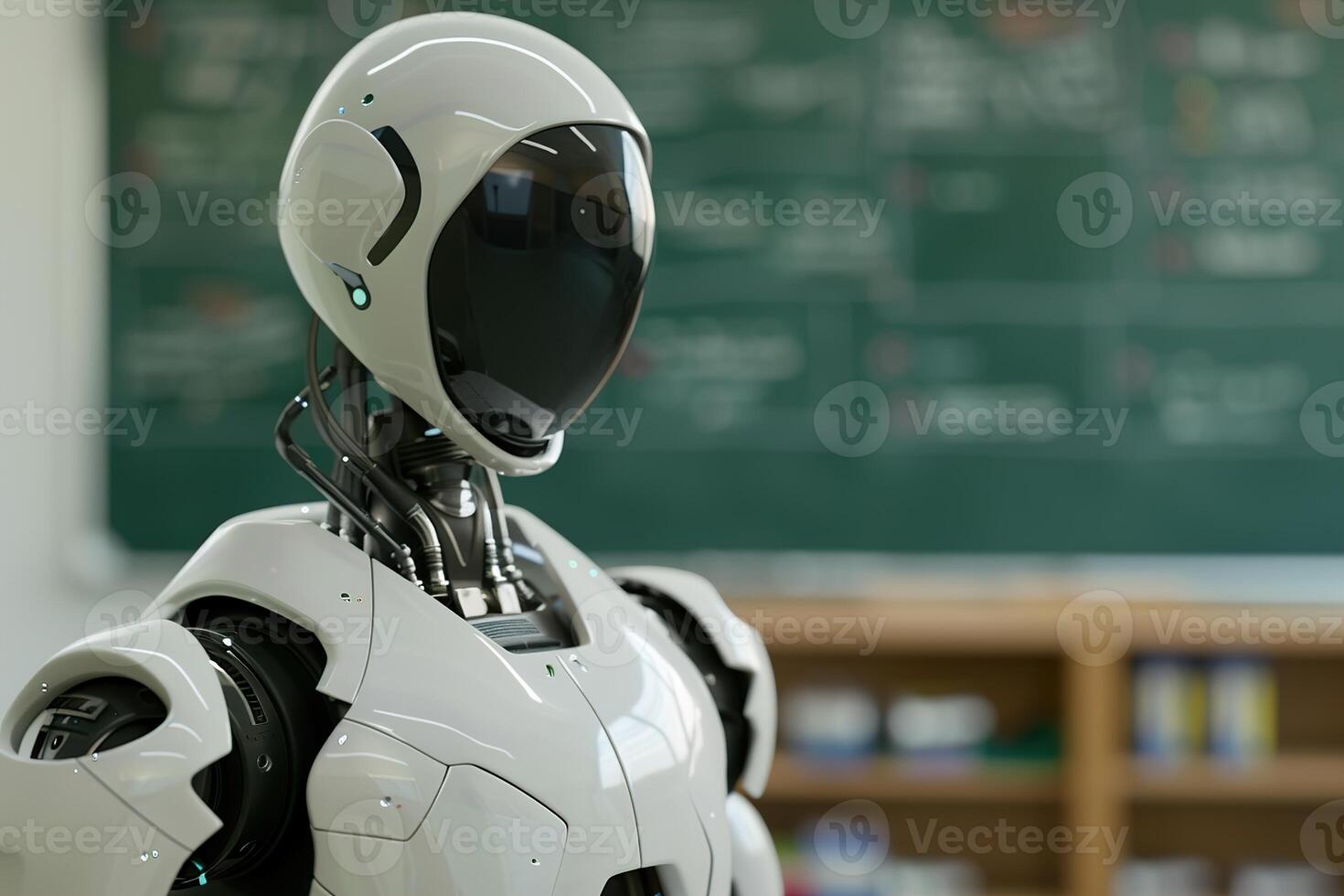 Robotic teacher in classroom, against chalkboard, highlighting its role in modern educational environment. Perfect for themes of futuristic education, technology integration in schools. photo