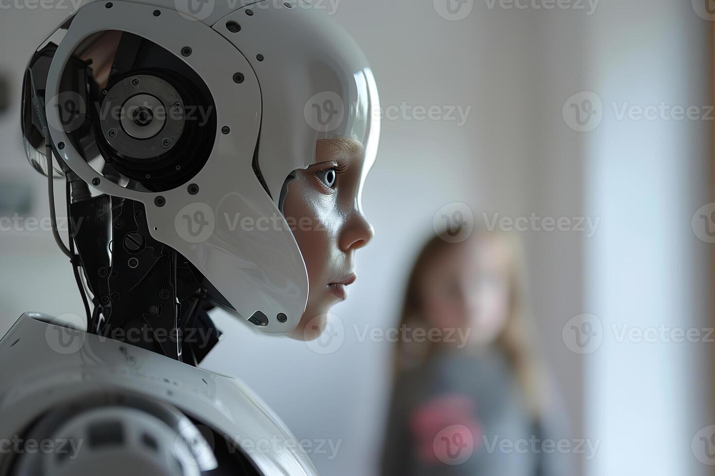 Humanoid robot with glossy white finish displays serene expression, engaging with blurred child in the background, highlighting futuristic blend of companionship and technology. photo