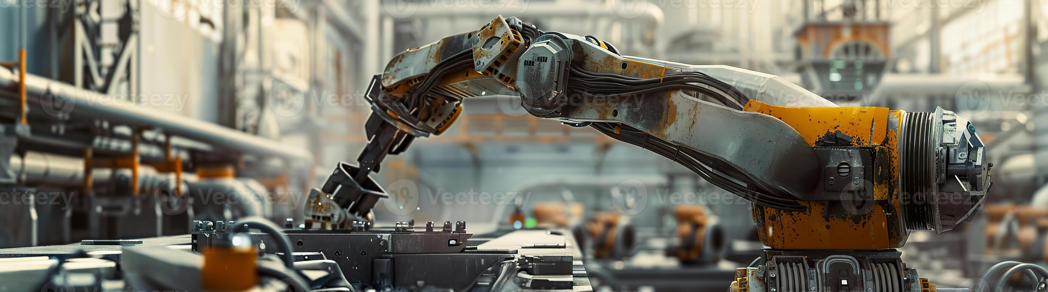 Industrial robot arm at work within factory setting, highlighted by its precision and efficiency in manufacturing processes. Automation, industry and modern manufacturing technologies. photo