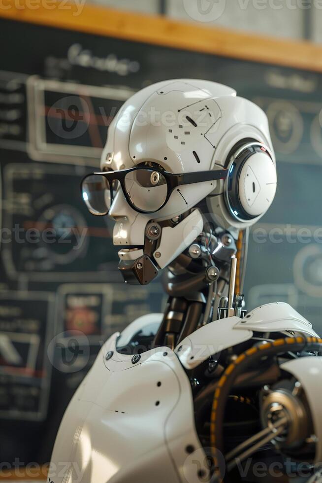 Robotic teacher in classroom, against chalkboard, highlighting its role in modern educational environment. Perfect for themes of futuristic education, technology integration in schools. photo