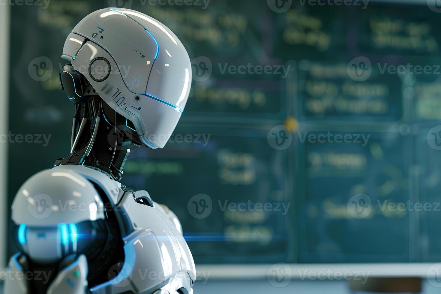 Robotic teacher in classroom, modern educational environment. Perfect for themes of futuristic education, technology integration in schools. Robot, cyborg educator. photo