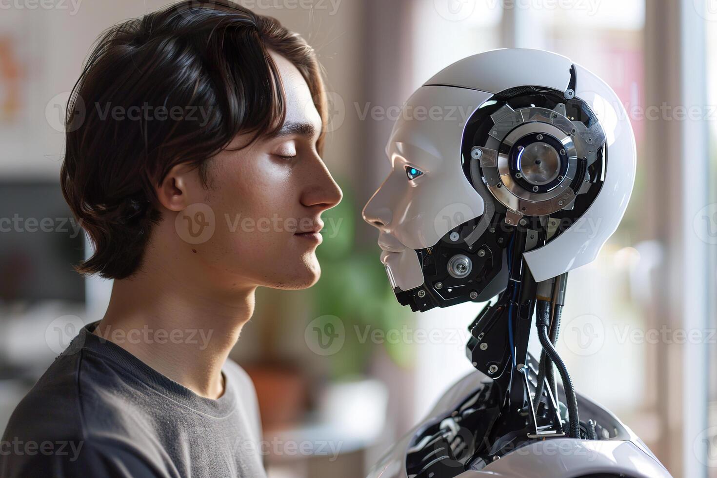 A poignant moment where a young man gently faces a highly detailed female robot, symbolizing a fusion of human emotion with robotic precision, captured in a warm indoor setting. photo