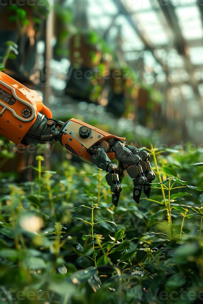 A futuristic robotic arm set amidst lush greenery in an industrial greenhouse, blending modern automation with natural elements. Ideal for tech, agriculture, and sustainability themes. photo