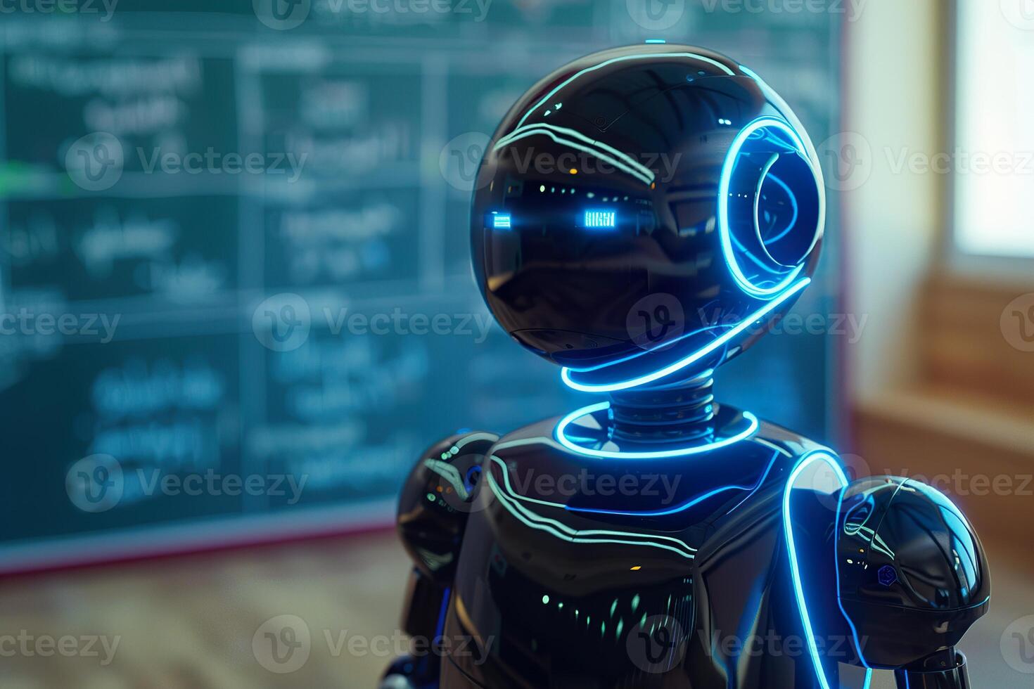 Robotic teacher in classroom, against chalkboard, highlighting its role in modern educational environment. Perfect for themes of futuristic education, technology integration in schools. photo