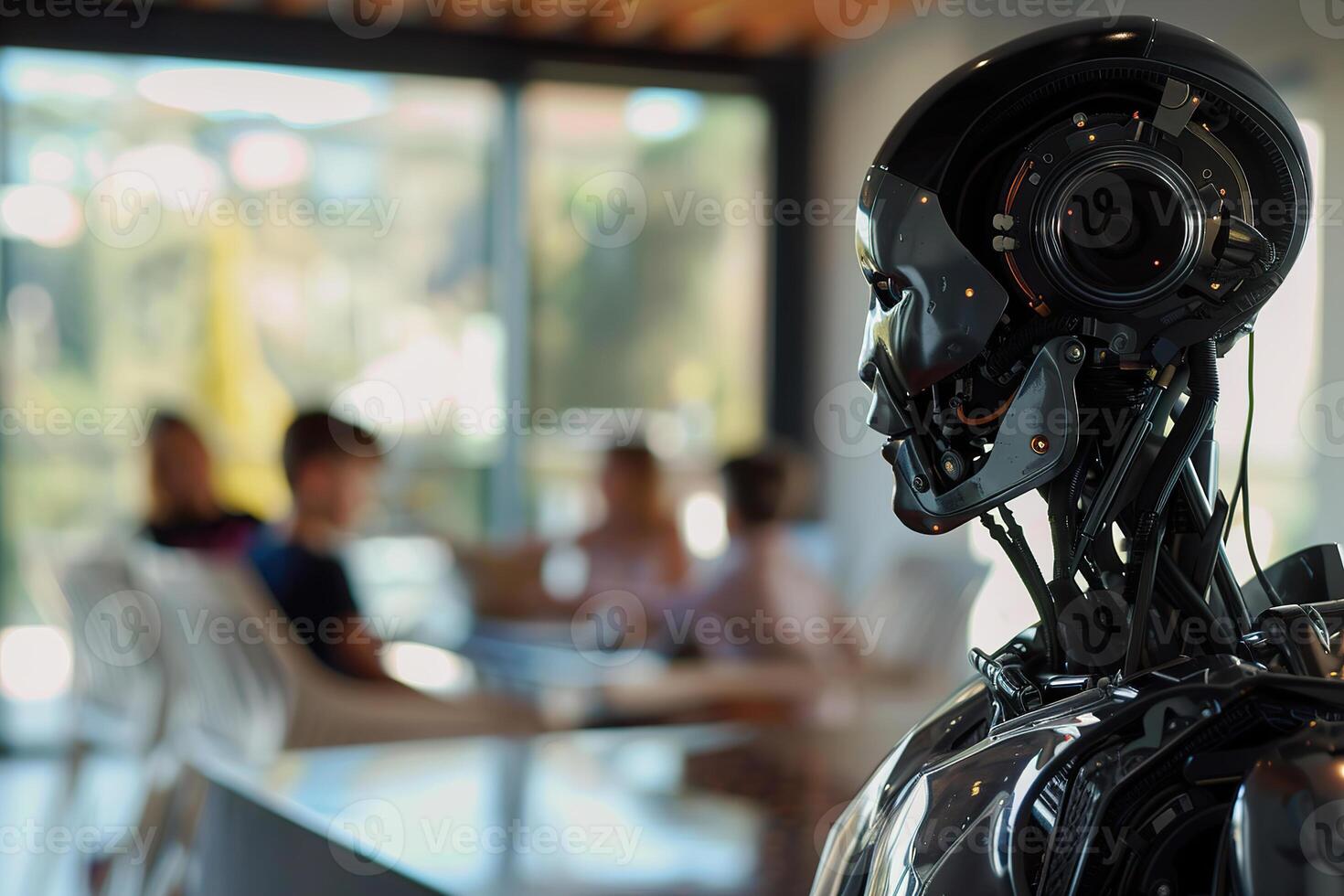 A modern robot designed as a family assistant stands in a living room, family members eating in the background. Robotics integration into everyday life. photo