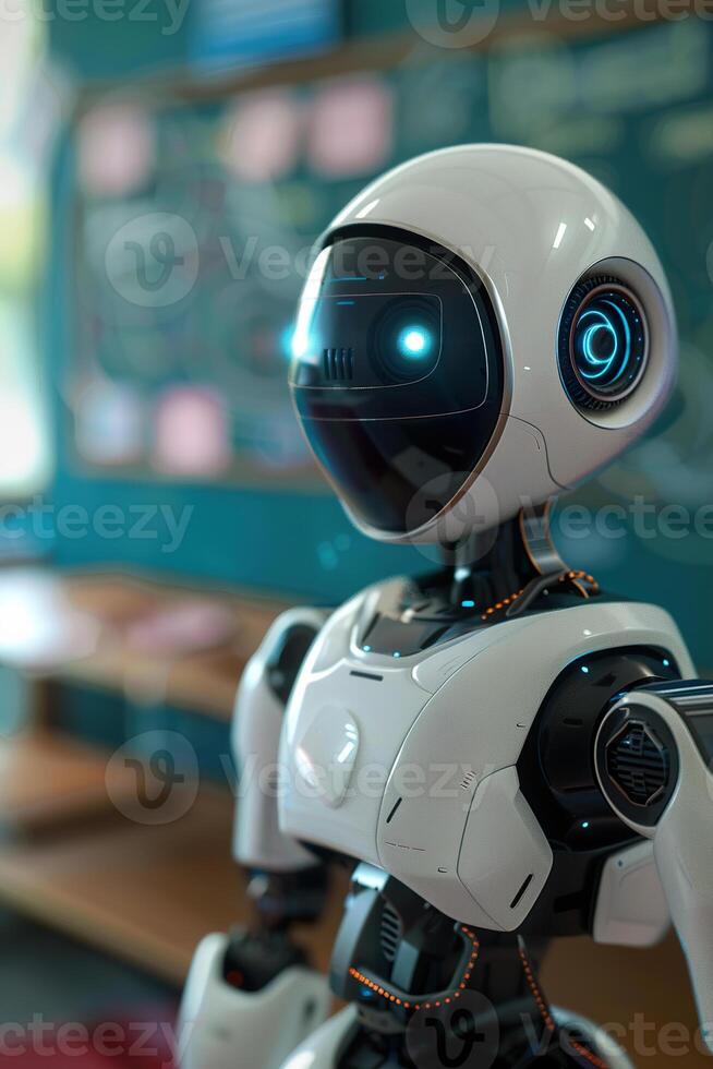 Robotic teacher in classroom, against chalkboard, highlighting its role in modern educational environment. Perfect for themes of futuristic education, technology integration in schools. photo