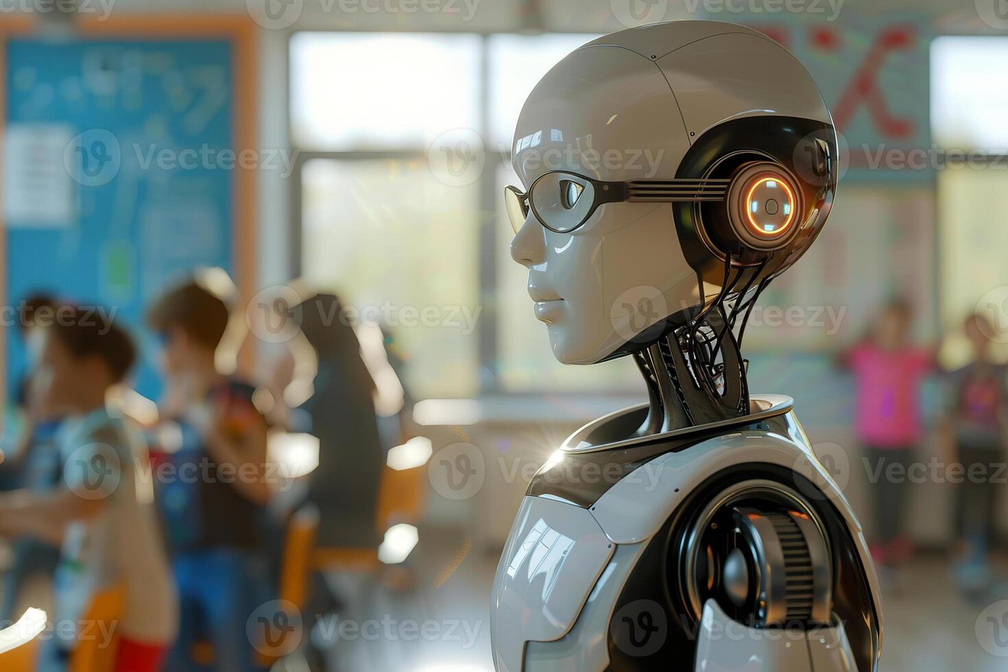 Robotic teacher in classroom, modern educational environment. Perfect for themes of futuristic education, technology integration in schools. Robot, cyborg educator. photo