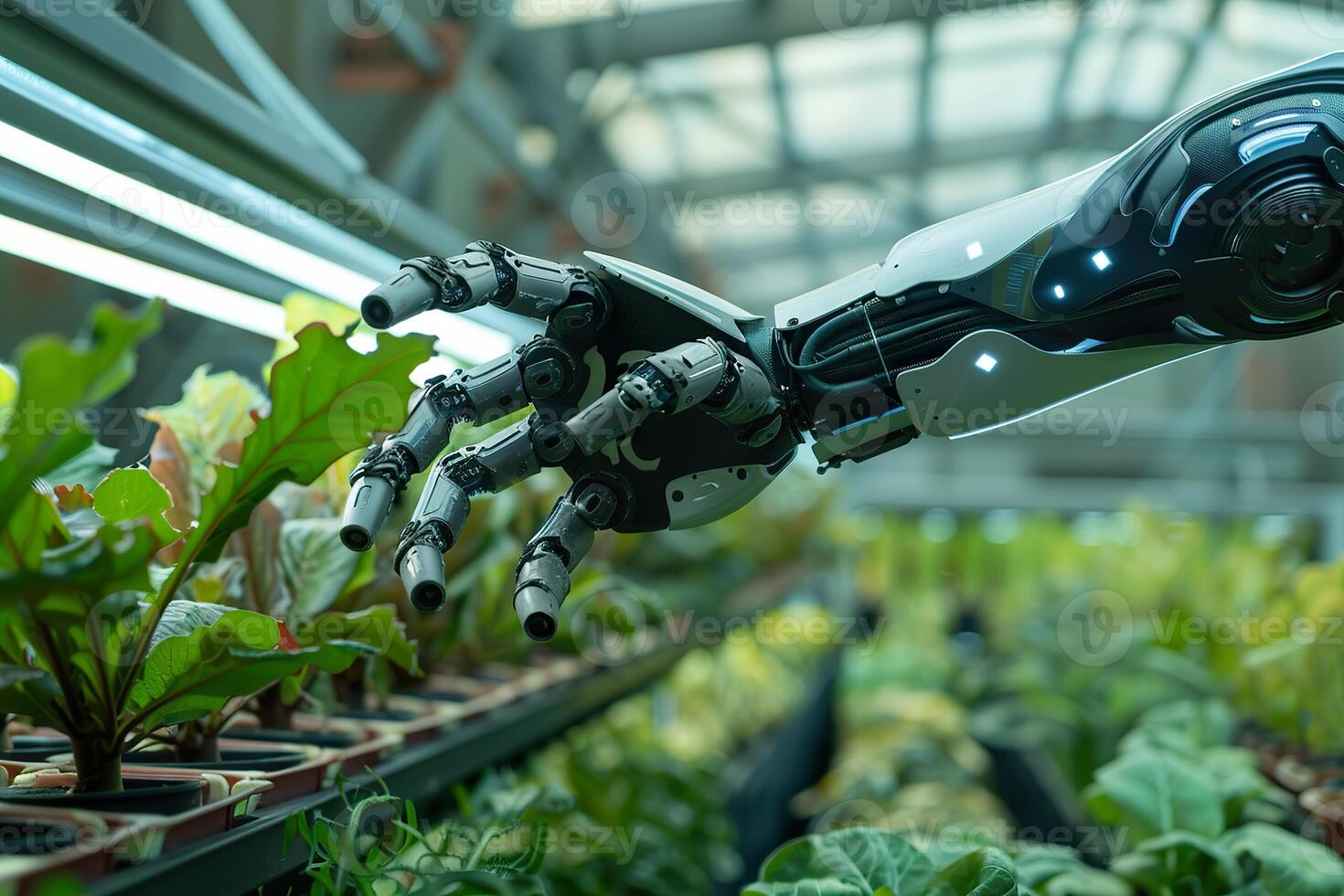 A futuristic robotic arm set amidst lush greenery in an industrial greenhouse, blending modern automation with natural elements. Ideal for tech, agriculture, and sustainability themes. photo