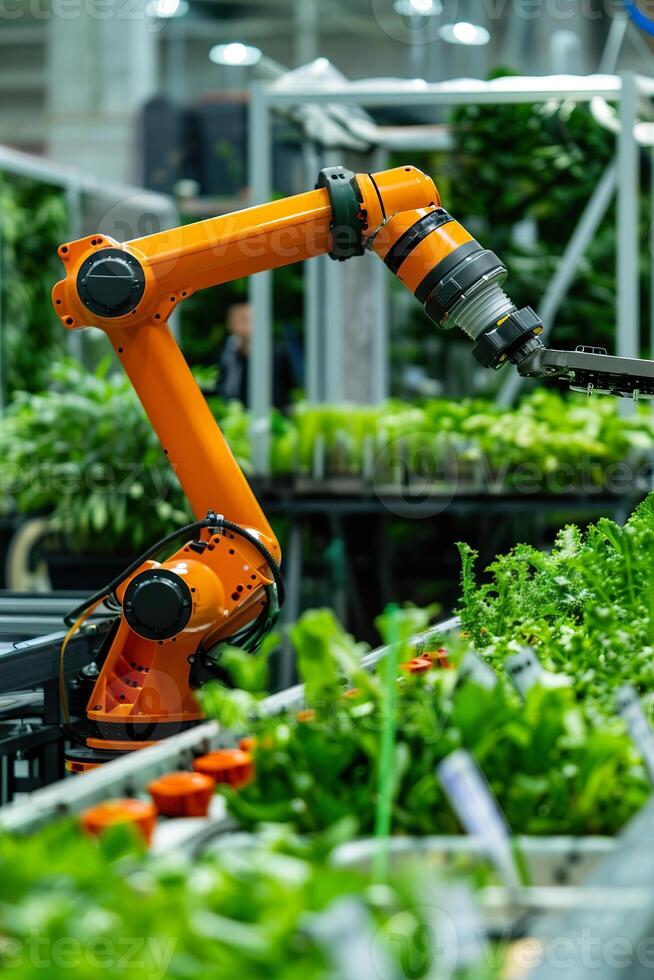 A futuristic robotic arm set amidst lush greenery in an industrial greenhouse, blending modern automation with natural elements. Ideal for tech, agriculture, and sustainability themes. photo