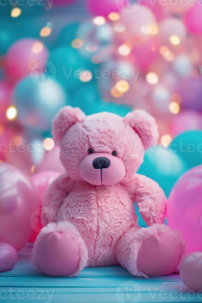Girlish background with cute teddy bear, balloons, bokeh lights and copy space. Festive backdrop with empty space for text. Greeting card for kids. Event for children. Its a girl. photo