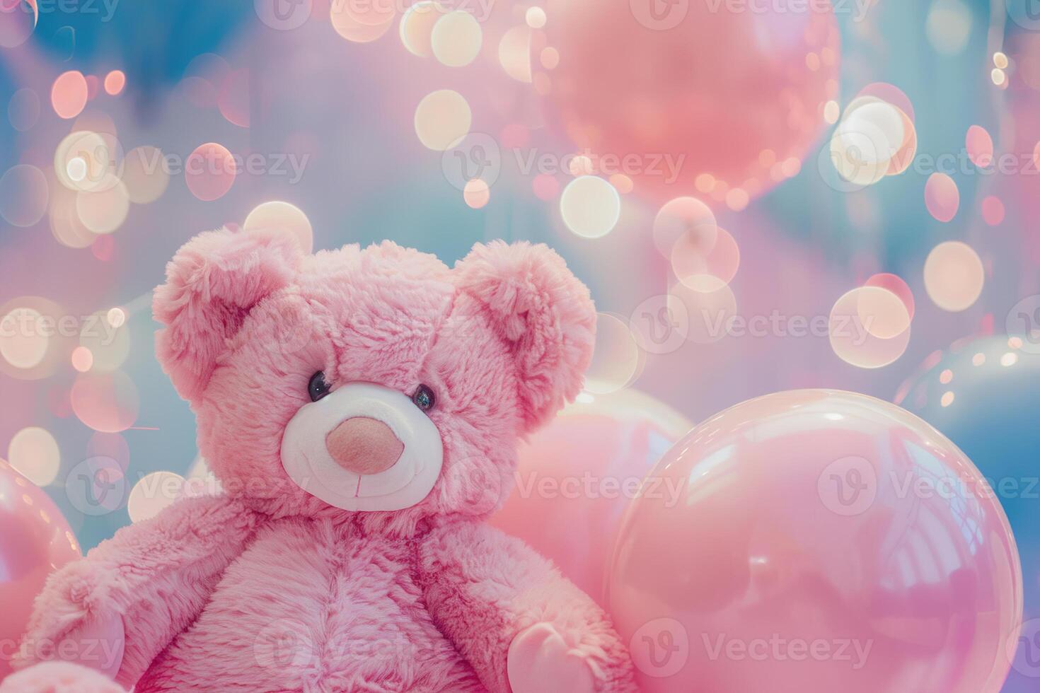 Girlish background with cute teddy bear, balloons, bokeh lights and copy space. Festive backdrop with empty space for text. Greeting card for kids. Event for children. Its a girl. photo