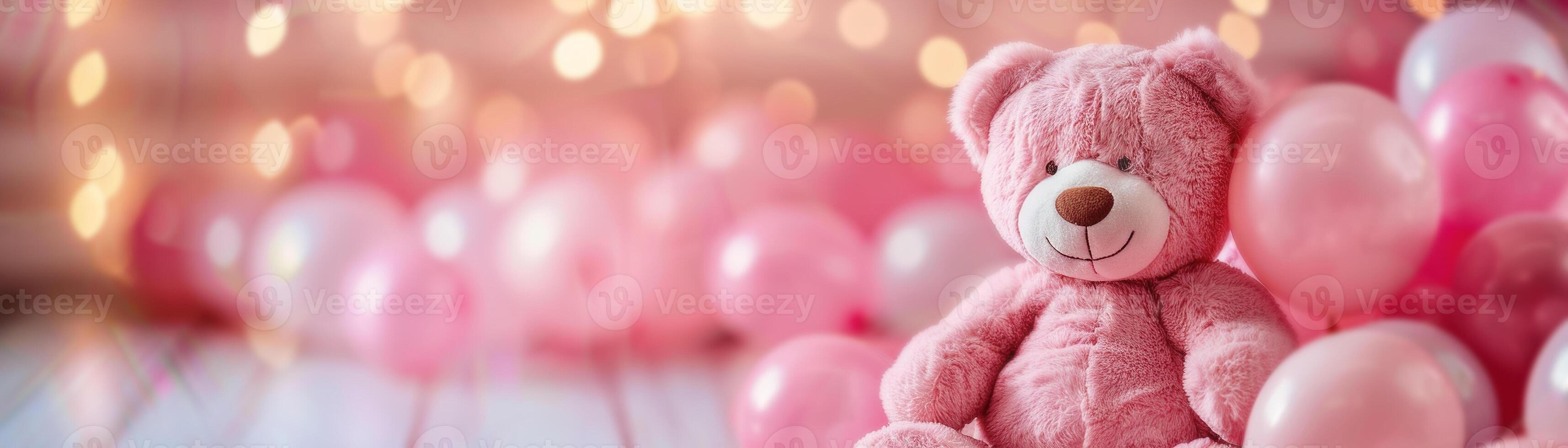 Girlish background with cute teddy bear, balloons, bokeh lights and copy space. Festive backdrop with empty space for text. Greeting card for kids. Event for children. Its a girl. photo