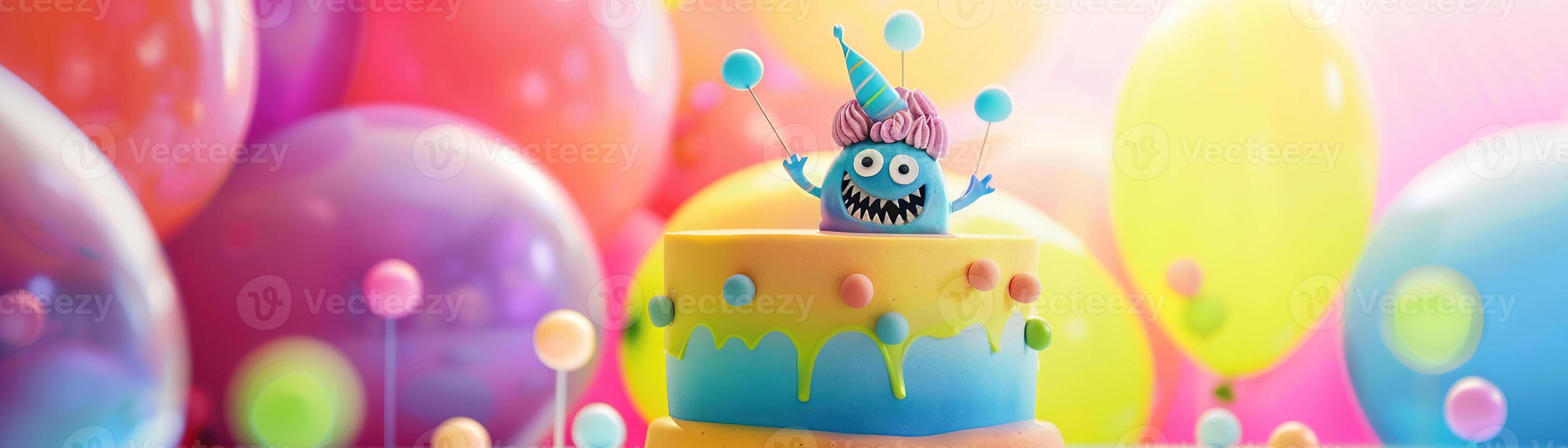 Colorful background with monster Birthday cake, balloons and copy space. Festive backdrop with empty space for text. Greeting card for children. Playful, vibrant design. Banner. photo