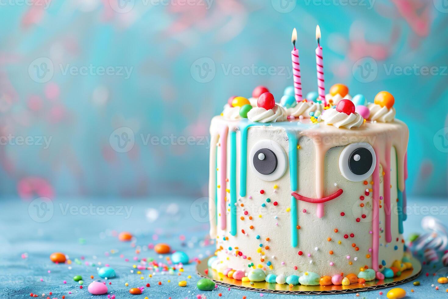 Birthday cake with funny eyes, balloons and copy space. Festive backdrop with empty space for text. Greeting card for children. Playful, vibrant design. Event for kids. photo