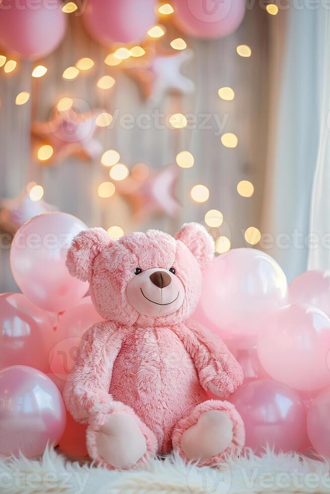 Girlish background with cute teddy bear, balloons, bokeh lights and copy space. Festive backdrop with empty space for text. Greeting card for kids. Event for children. Its a girl. photo