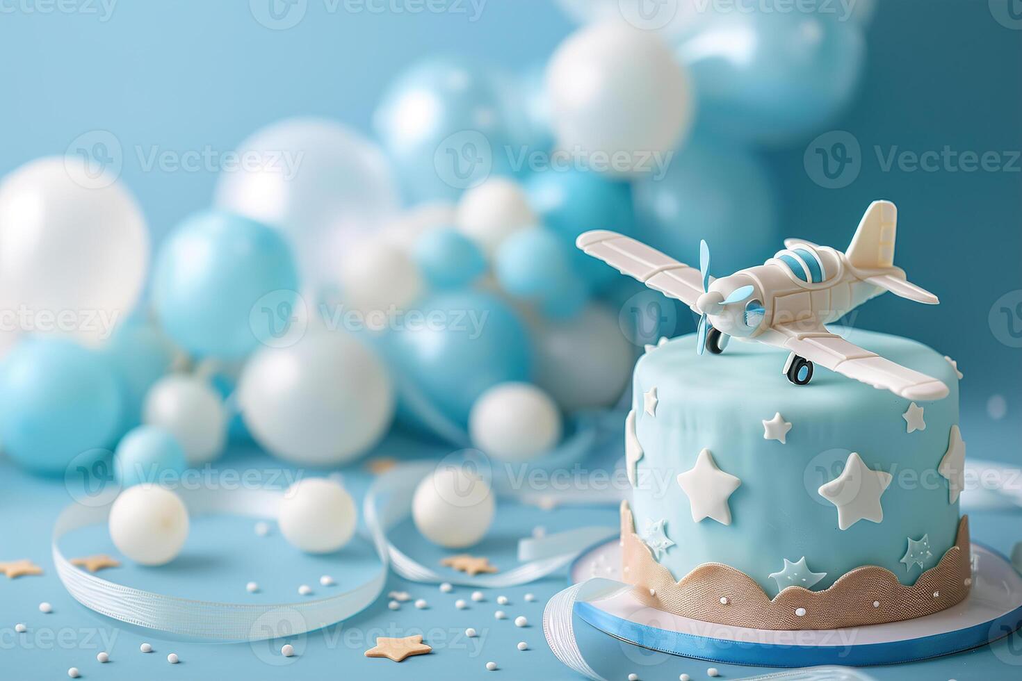 Charming 'It's a Boy' themed birthday cake adorned with a delicate airplane topper, set against a background of blue and white balloons, perfect for baby showers and first birthdays. photo