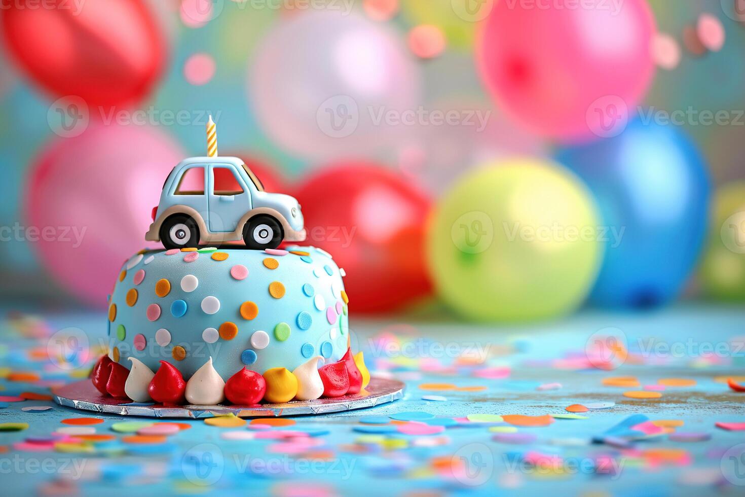Colorful background with Birthday cake, car, balloons and copy space. Festive backdrop with empty space for text. Greeting card for children. Playful, vibrant design. Event for kids. photo