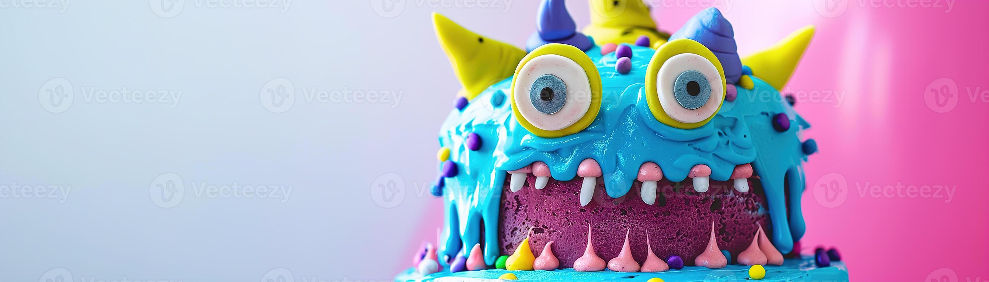 Colorful background with monster Birthday cake and copy space. Festive backdrop with empty space for text. Greeting card for children. Playful, vibrant design. Event for kids. Banner. photo