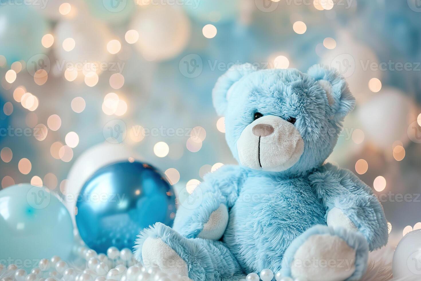 Blue background with cute teddy bear, bokeh lights, balloons and copy space. Festive backdrop with empty space for text. Greeting card for boy. Event for kids. Its a boy. photo