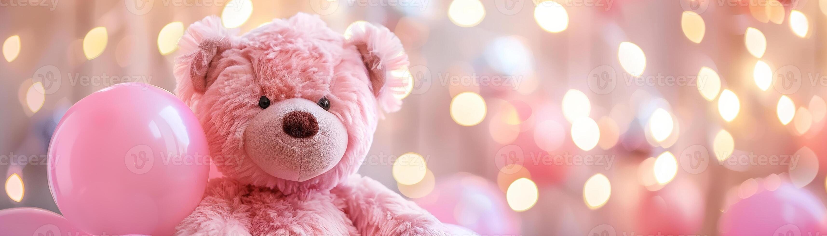 Girlish background with cute teddy bear, balloons, bokeh lights and copy space. Festive backdrop with empty space for text. Greeting card for kids. Event for children. Its a girl. photo