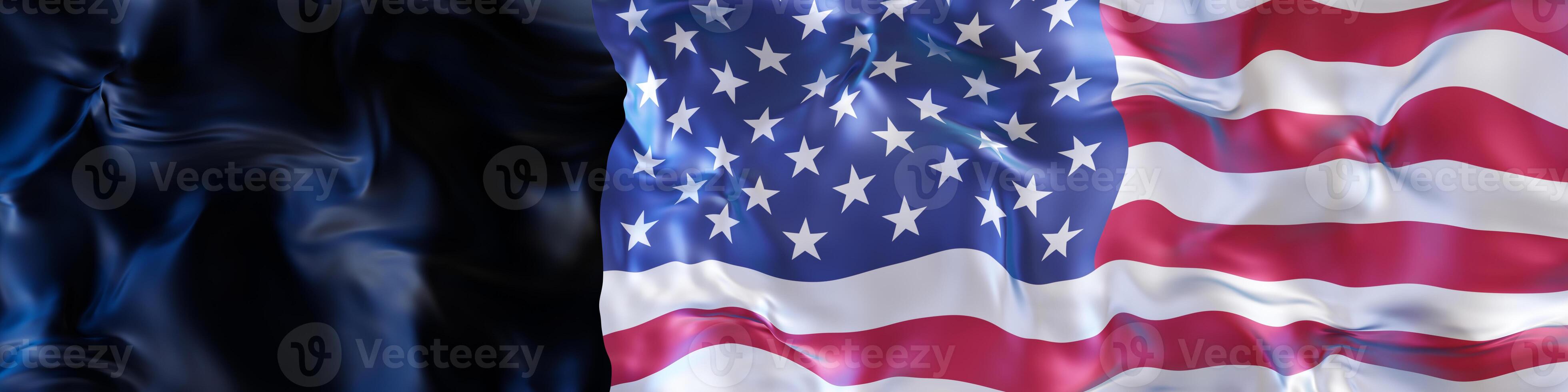 Realistic depiction of the American flag rippling in the wind, set against a dark background, creating a powerful and reflective mood ideal for patriotic holidays, events. Banner with copy space. 3D. photo