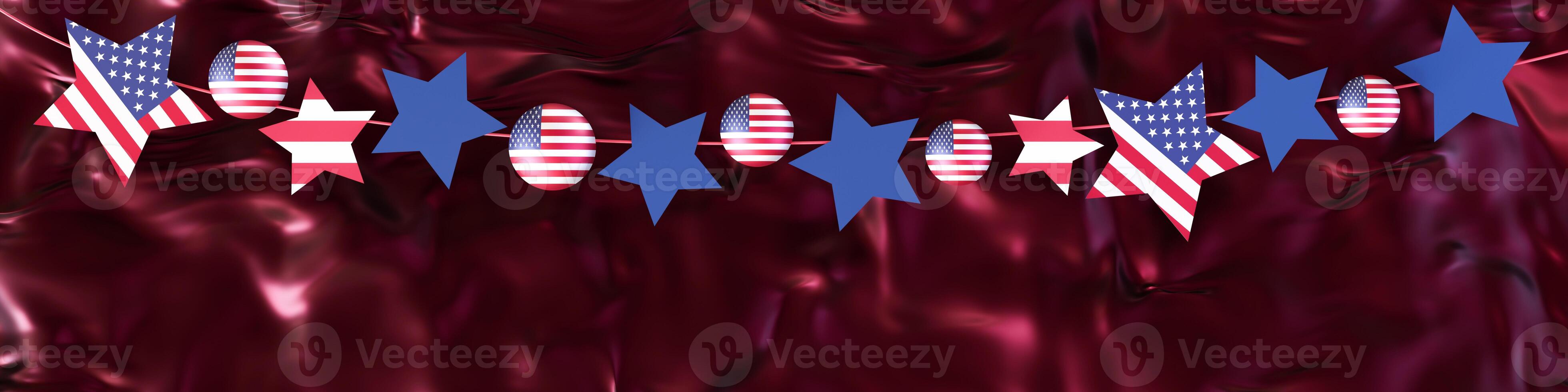 Decorative American flag-themed garland with stars and circles, strung together against a luxurious crimson satin backdrop. Panoramic banner. USA national holidays. 3D render. photo