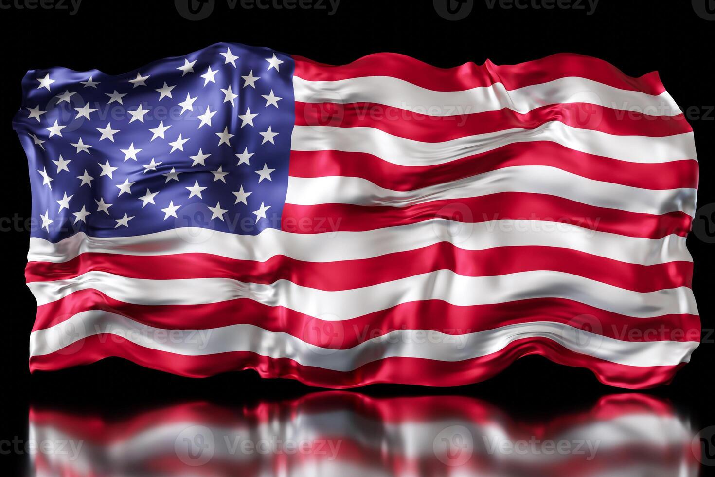 Majestic and vibrant depiction of the American flag, rippling with glossy reflection on a dark surface, ideal for patriotic themes, national holidays, and celebrations of American heritage. 3D render. photo