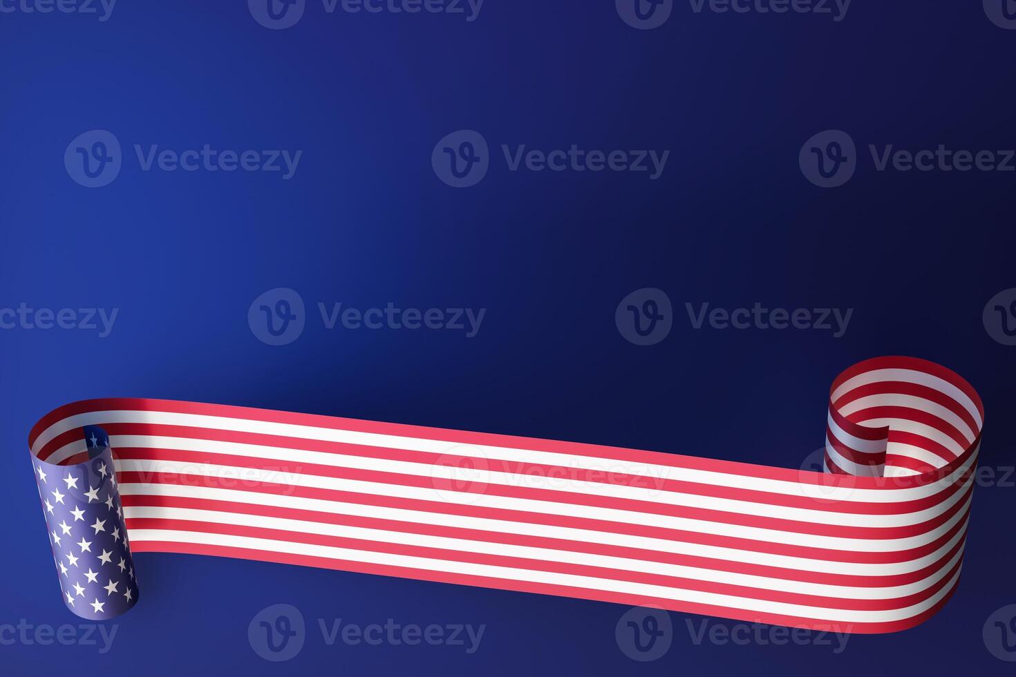 Artistic rendering of the American flag, elegantly styled as a ribbon against a deep blue background, perfect for national holidays, patriotic events, or advertising campaigns. Copy space. 3D render. photo