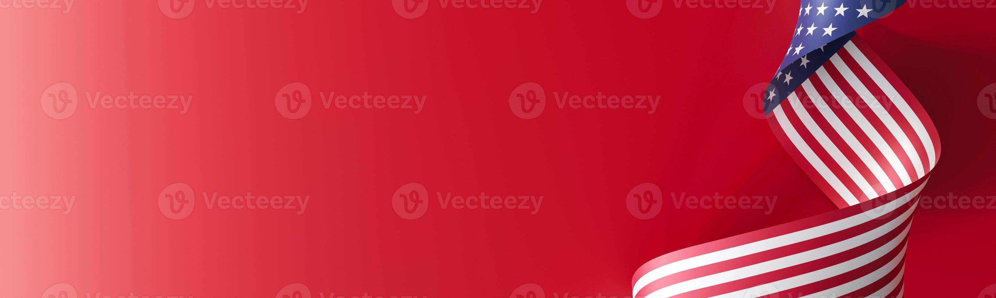 Artistic rendering of the American flag, elegantly styled as a ribbon against a red background, perfect for national holidays, patriotic events, or advertising campaigns. Copy space. 3D render. photo