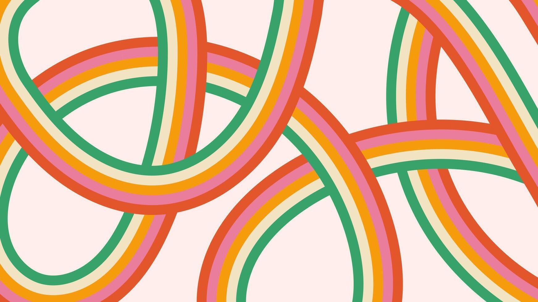 Retro abstract pattern with rainbow colors stripes and loops. Colorful groovy cartoon background vector