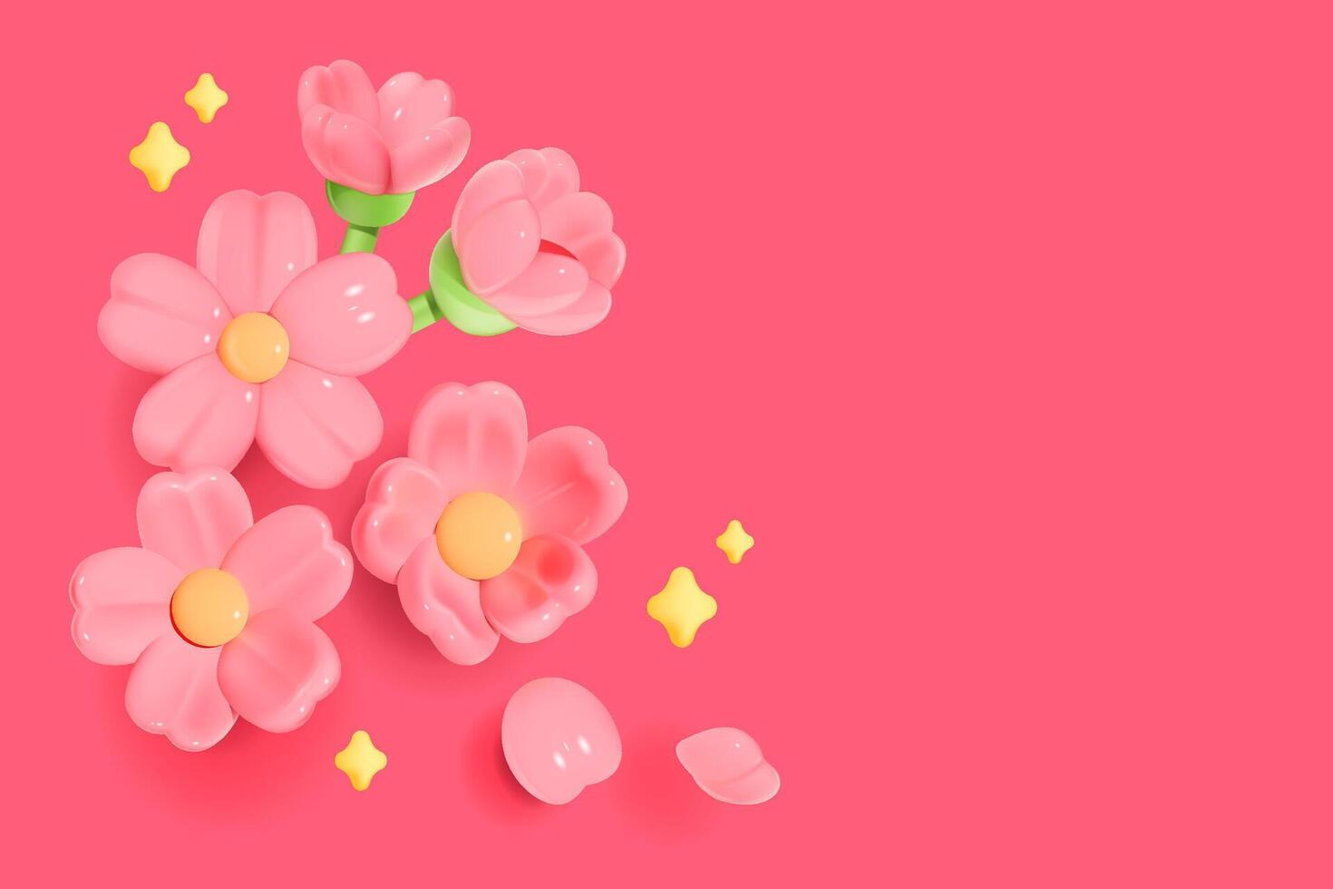 3D pink flowers and small yellow stars vector