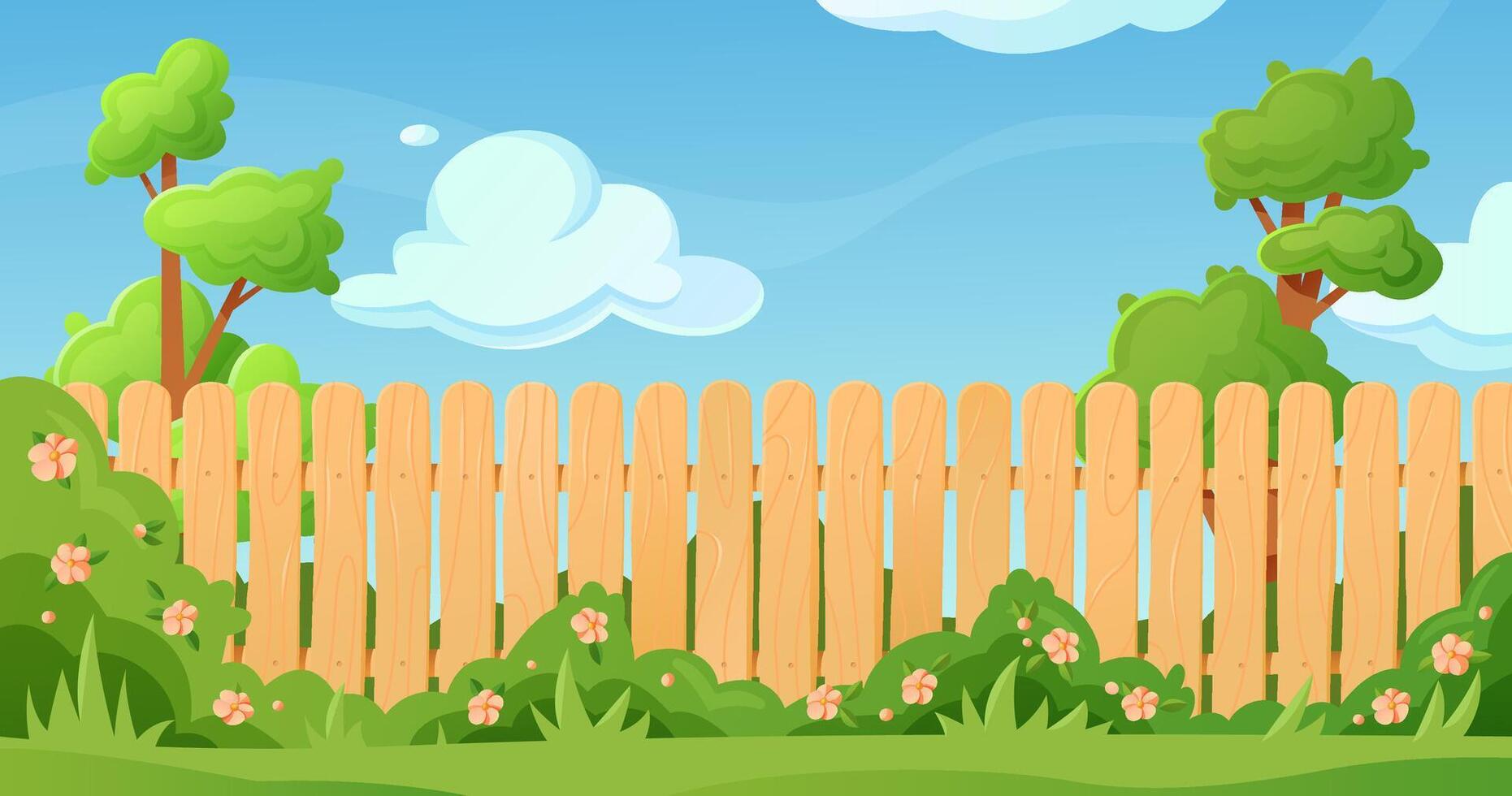 Cartoon wooden fence in a lush garden with trees vector