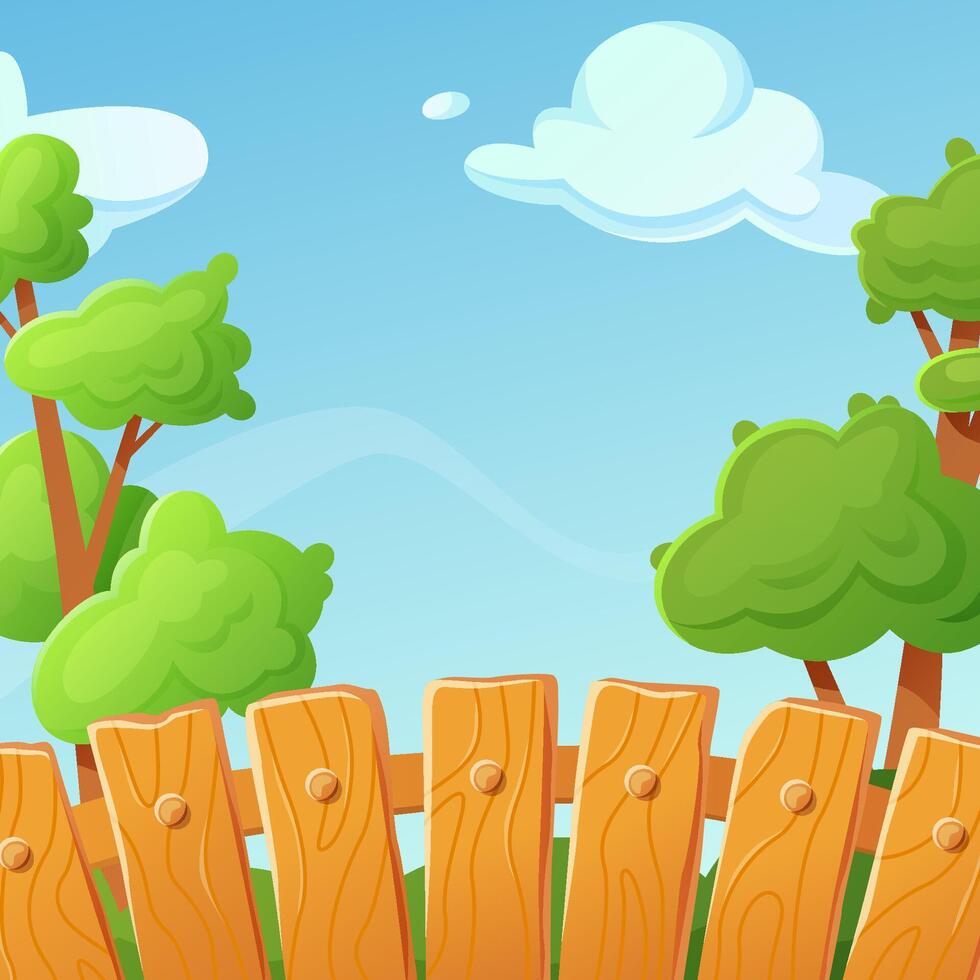 Cartoon wooden fence with trees under blue sky vector