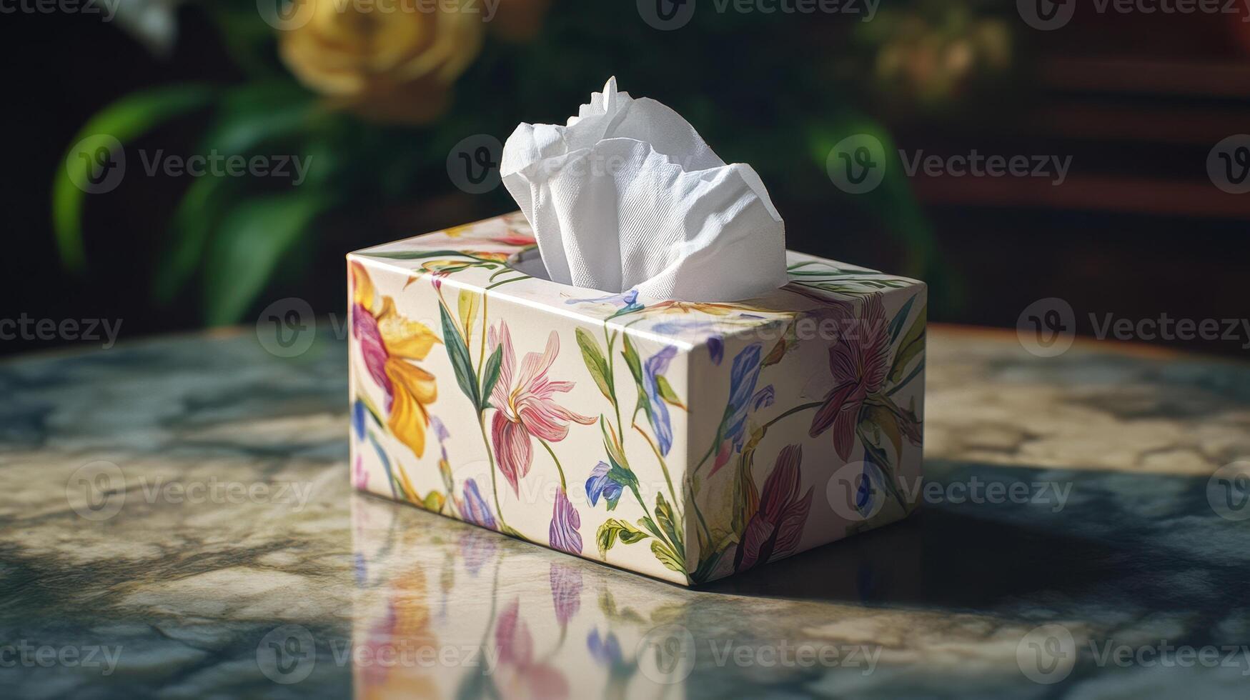 Decorative tissue box with floral design placed on a marble table in a cozy indoor setting during daylight photo